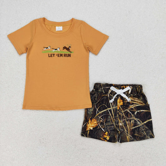 BSSO0924 Let 'em run deer top camo shorts boys embroidery