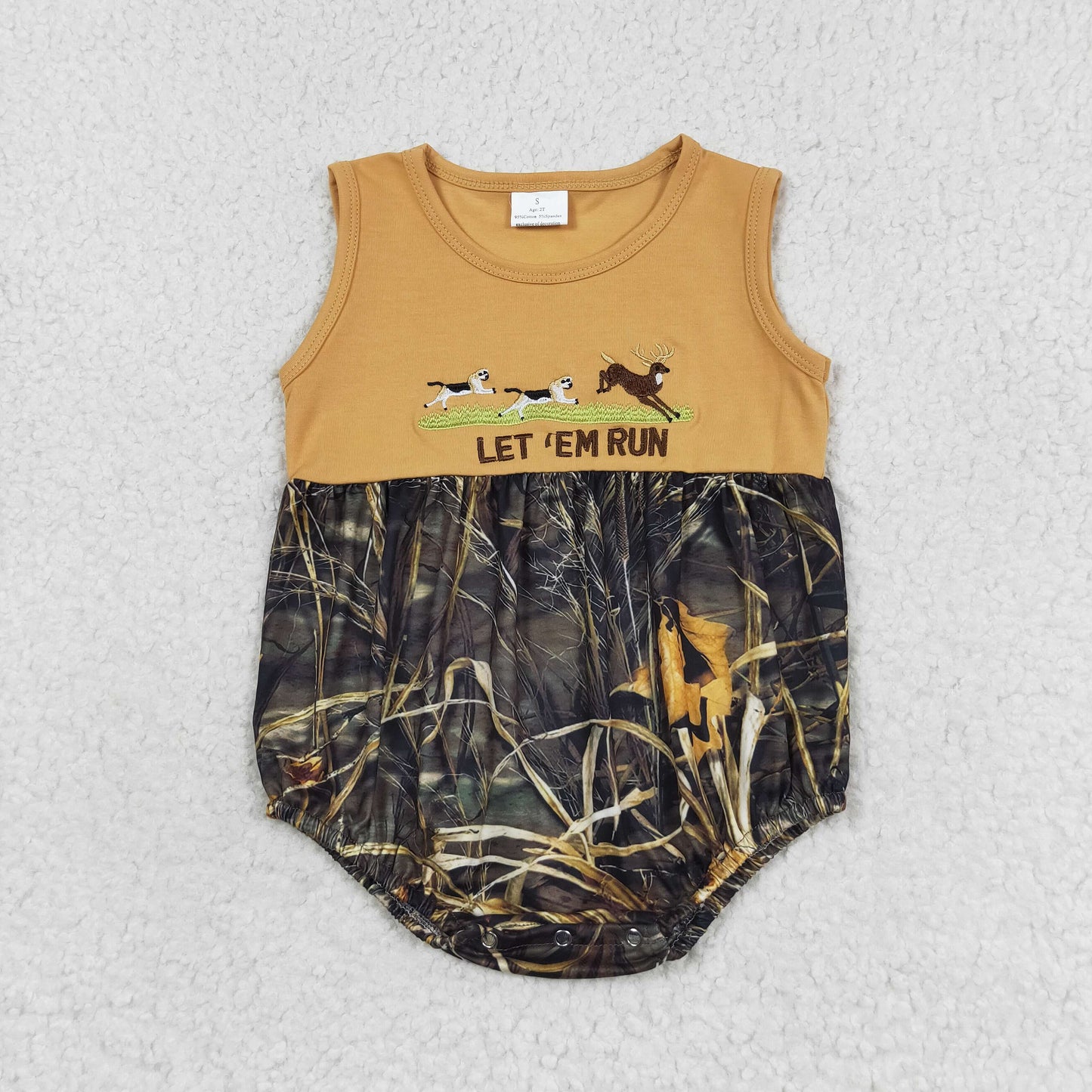 SR1660 Sleeveless let 'em run deer camo baby boys romper Embroidery