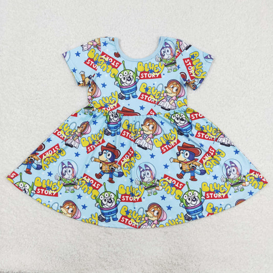 GSD1266 Short sleeves blue dog toy kids girls summer dress