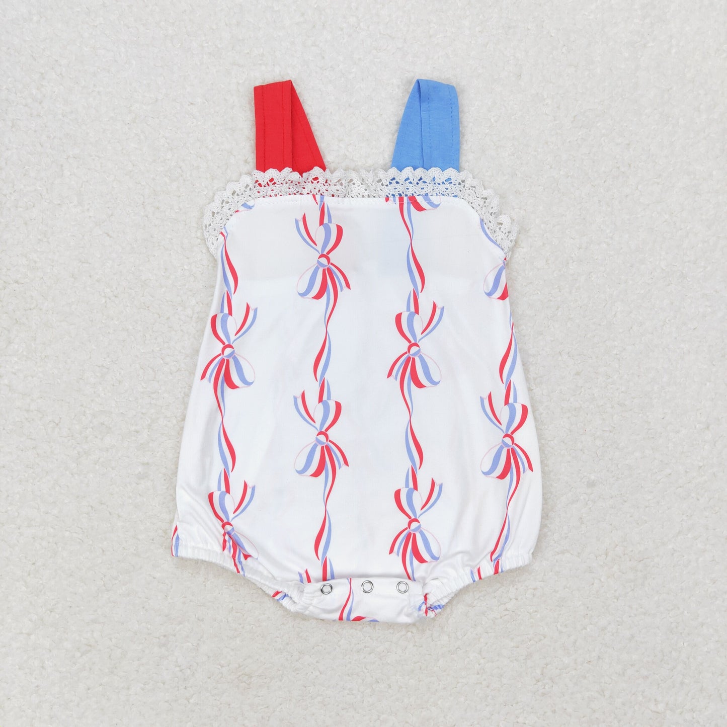 SR1599 Straps red blue bow baby girls 4th of july rompers