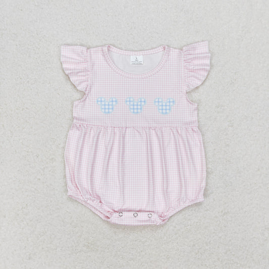 SR1533 Pink plaid flutter sleeves mouse baby girls romper