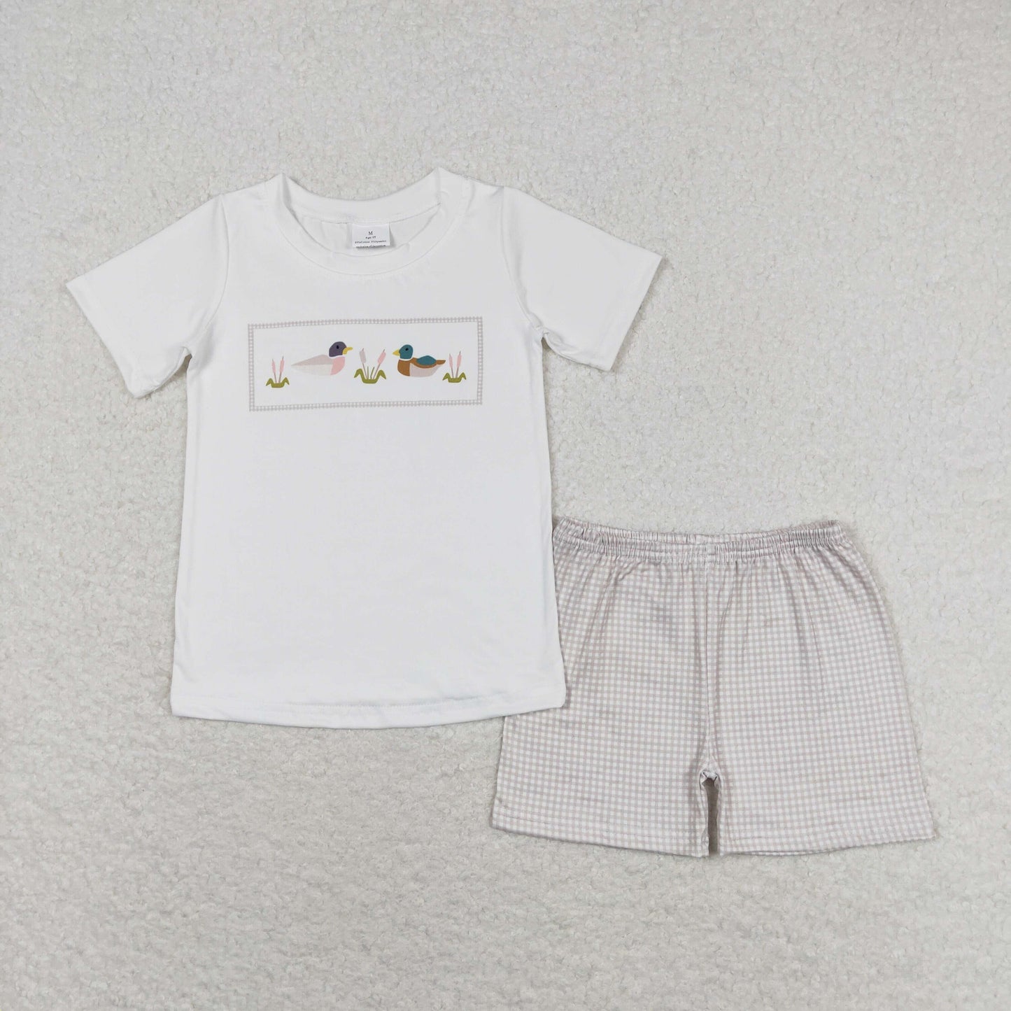 BSSO0960 White duck top khaki plaid shorts girls clothing set