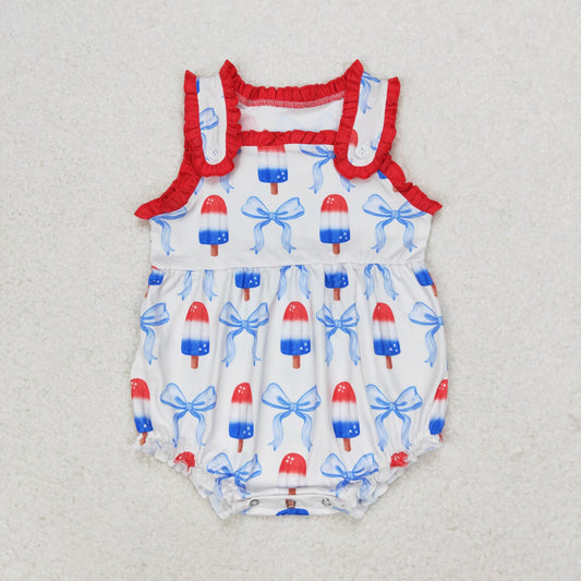 SR1551 Sleeveless popsicle bow baby girls 4th of july romper