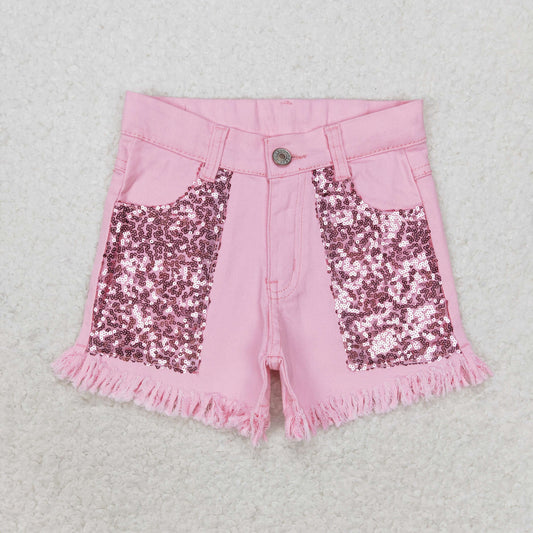 SS0230 Girls Pink Sequin Denim Shorts