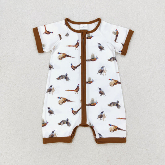 SR1657 Short sleeves brown pheasant baby boys zip romper