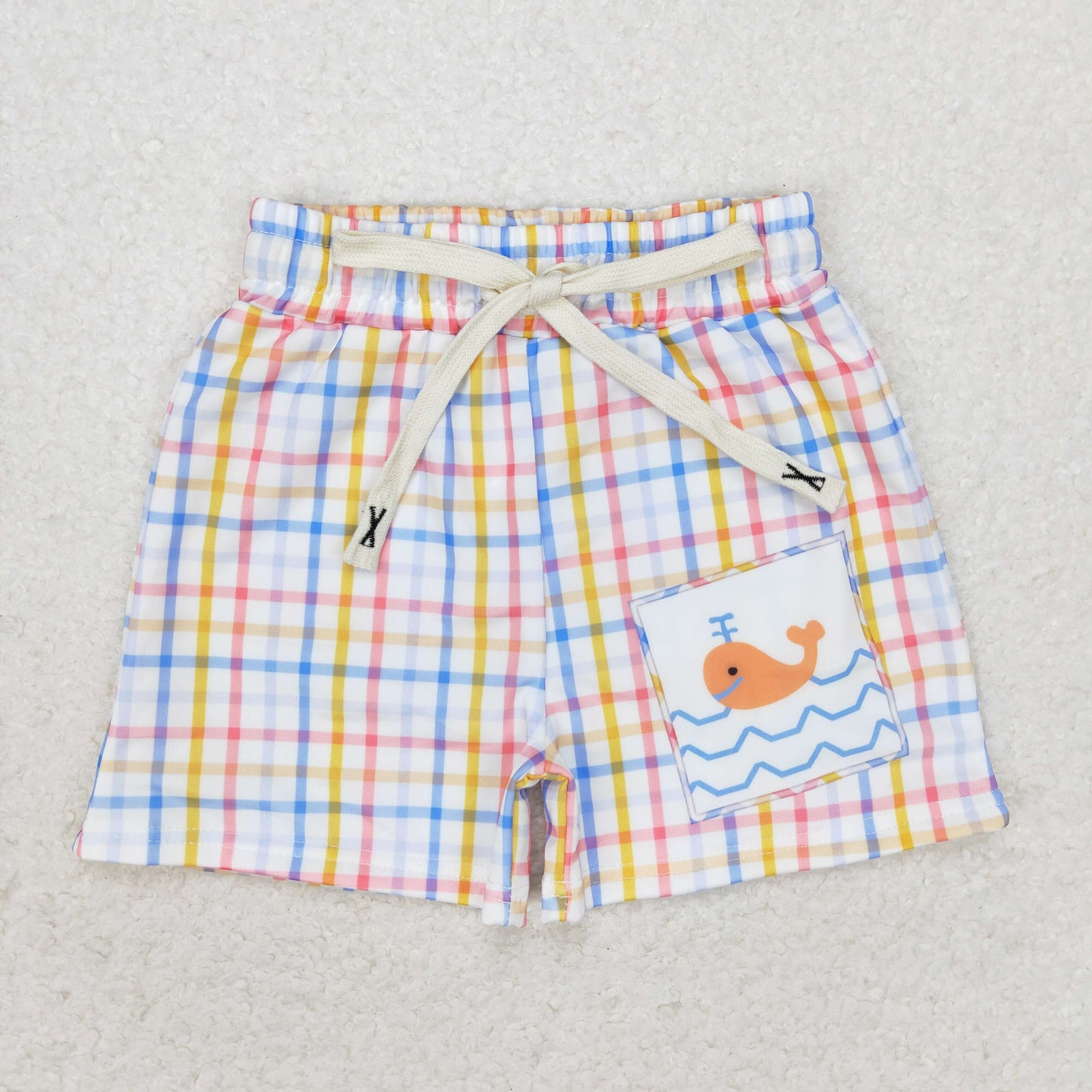 S0400 Blue yellow plaid whale kids boys summer swim shorts