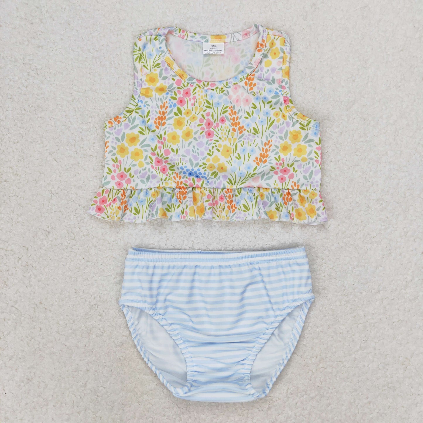 S0414 Sleeveless floral top stripe bottom girls swimsuit