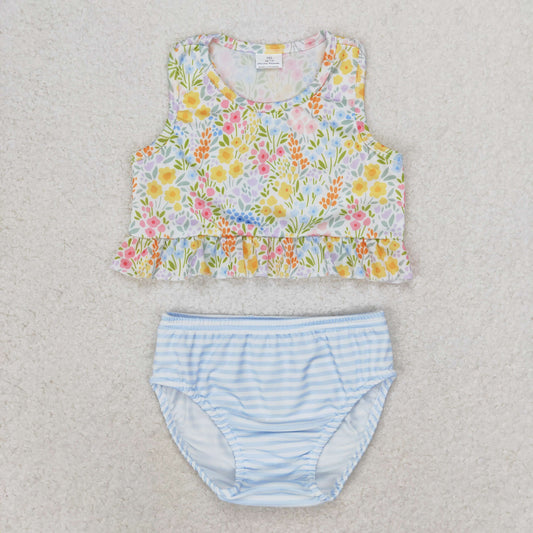 S0414 Sleeveless floral top stripe bottom girls swimsuit