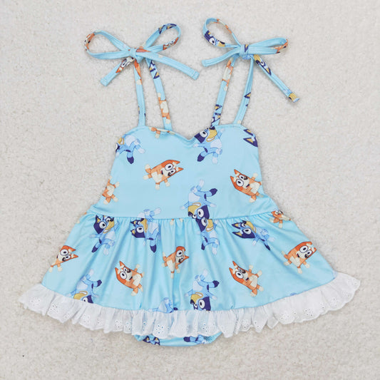 SR1550 Blue dog straps baby girls summer romper