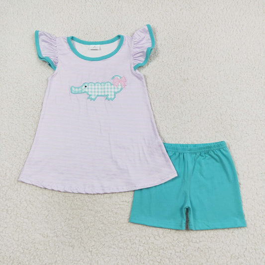 GSSO1286 Flutter sleeves stripe crocodile top shorts girls clothes embroidery