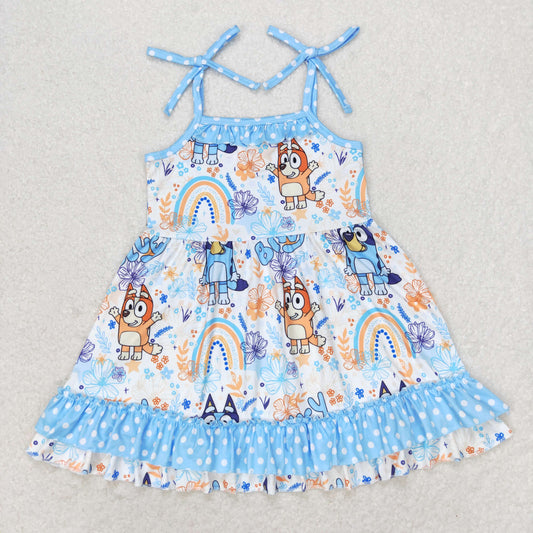 GSD1284 Straps blue dog rainbow floral ruffle girls dresses