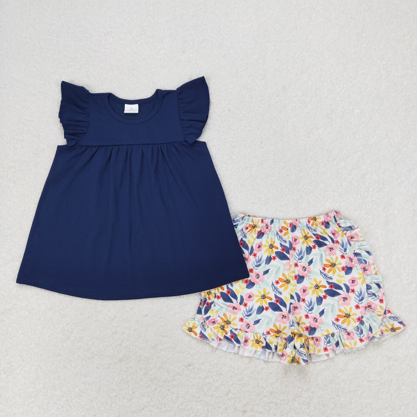 GSSO1296 Flutter sleeves navy top floral shorts girls clothes