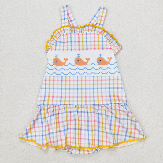 S0396 Blue yellow plaid whale baby girls summer swimsuit