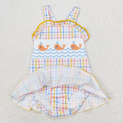 S0396 Blue yellow plaid whale baby girls summer swimsuit