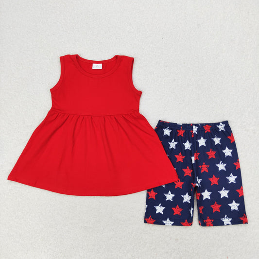 GSSO1302 Red sleeveless tunic stars shorts girls 4th of july clothes