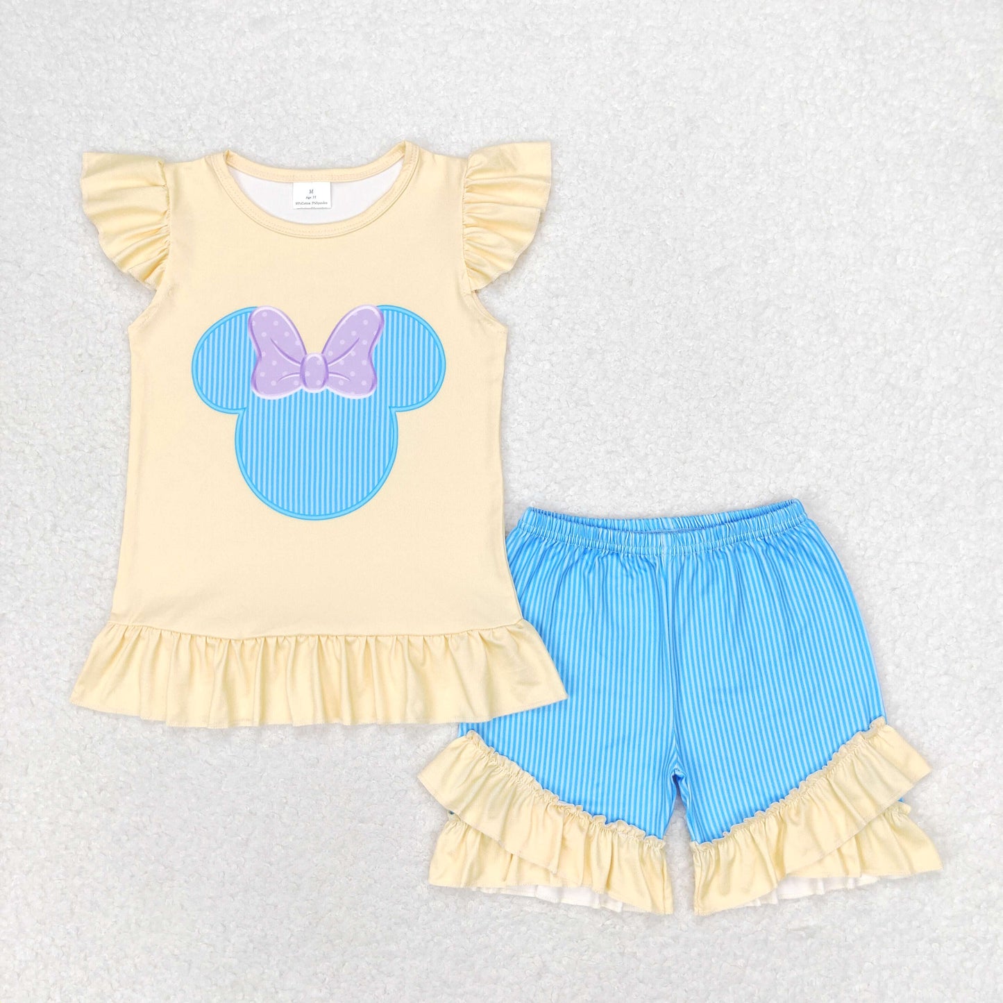 GSSO1159 Yellow flutter sleeves mouse top shorts girls clothes