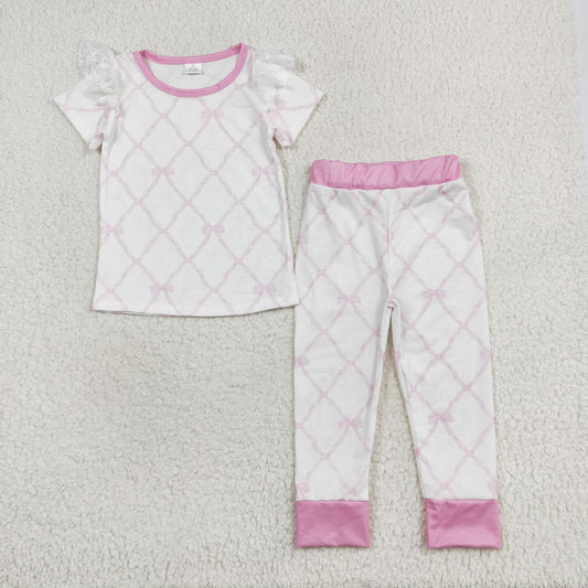 GSPO1517 Short sleeves pink bow top pants girls pajamas