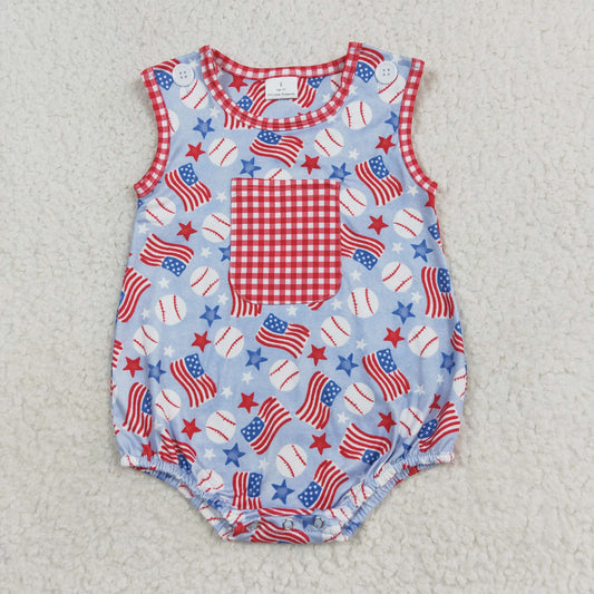 SR1563 Sleeveless baseball flag pocket boy 4th of july romper