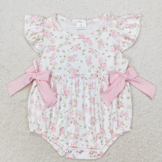 SR1765 Flutter sleeves floral bow baby girls romper