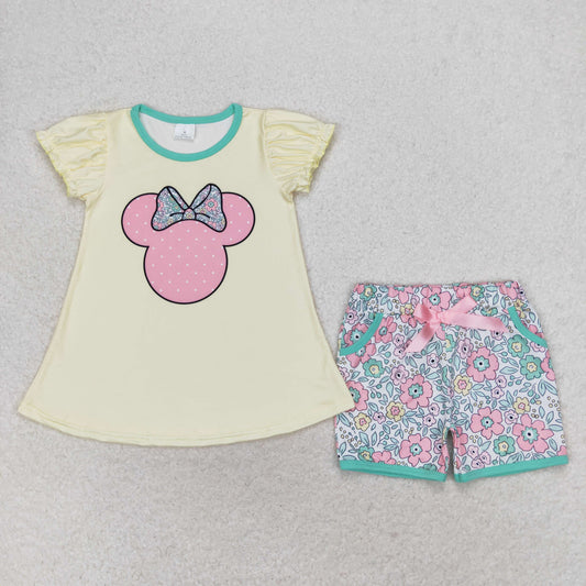 GSSO1308 Yellow short sleeves top floral shorts girls clothes