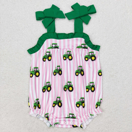 SR1623 Pink stripe tractor straps baby girls farm romper