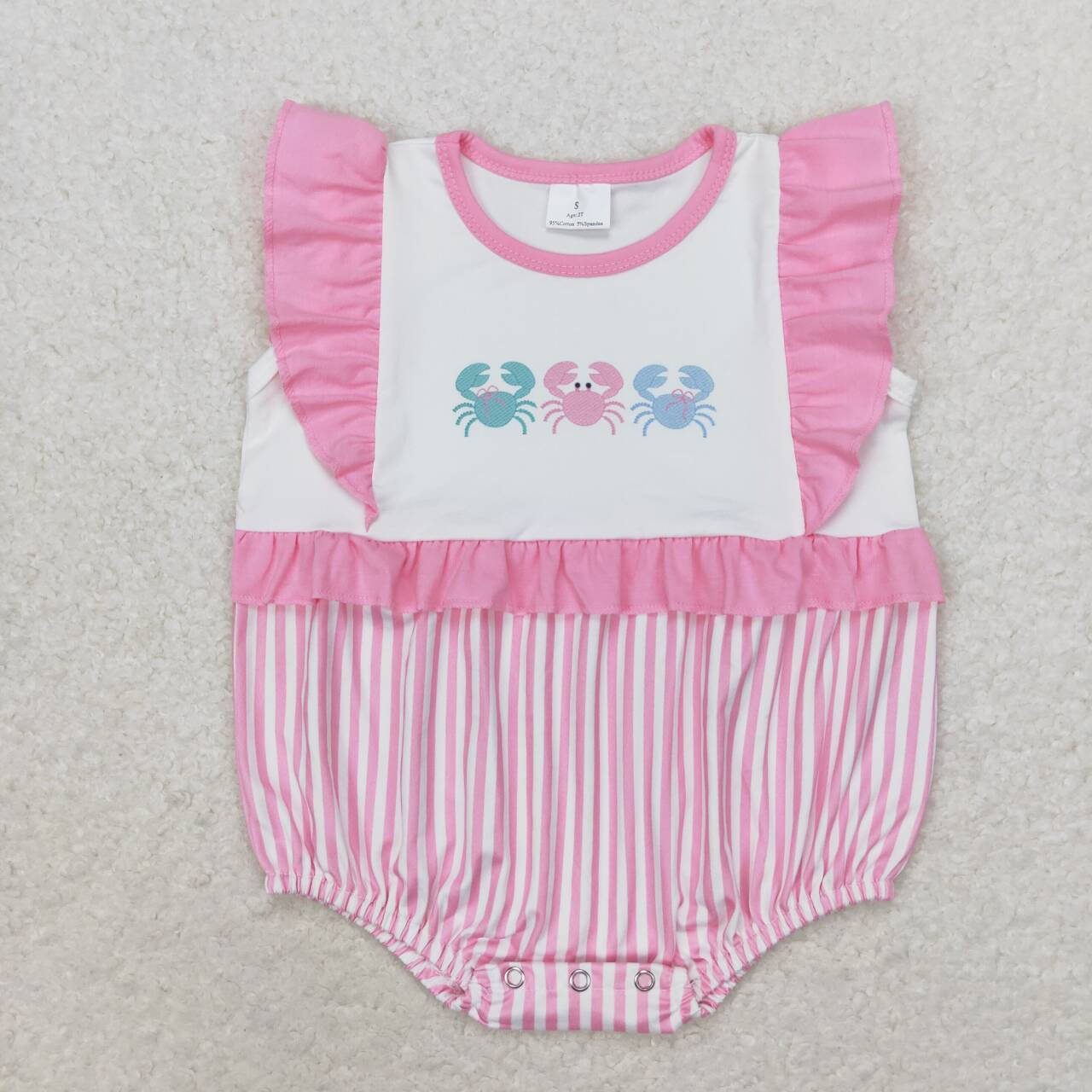 SR1676 Flutter sleeves crab pink stripe baby boy summer romper