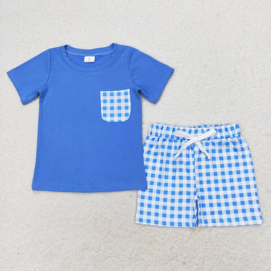 BSSO0865 Short sleeves blue plaid pocket top shorts boys clothing