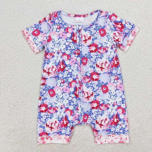 SR1767 Short sleeves lavender floral baby girls zipper romper