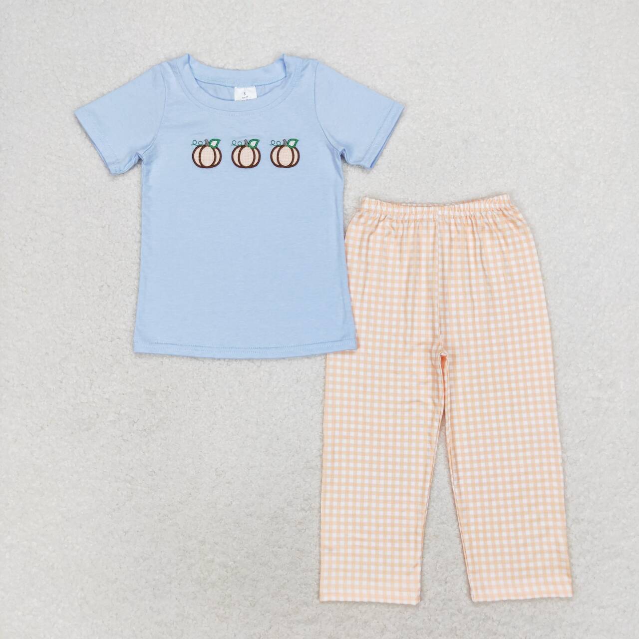 BSPO0371 Light blue pumpkin top plaid pants boys fall clothes Embroidery