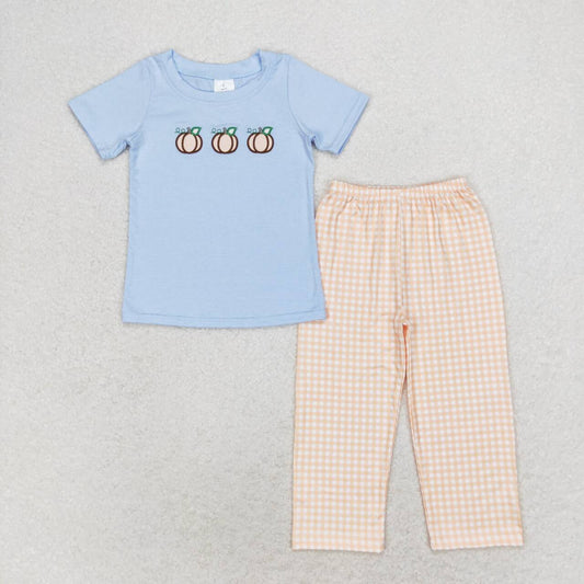 BSPO0371 Light blue pumpkin top plaid pants boys fall clothes Embroidery