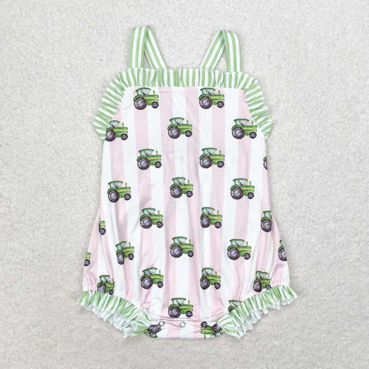 SR1543 Pink stripe tractor baby girls farm romper