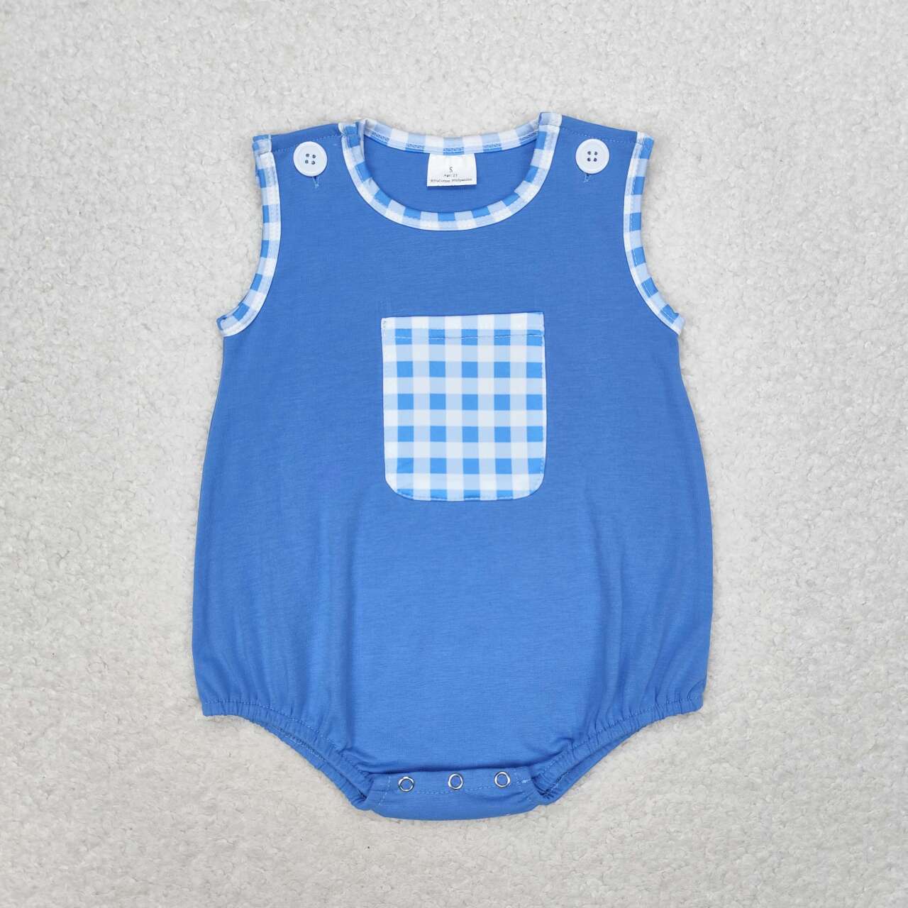 SR1537 Blue sleeveless plaid pocket baby boy romper