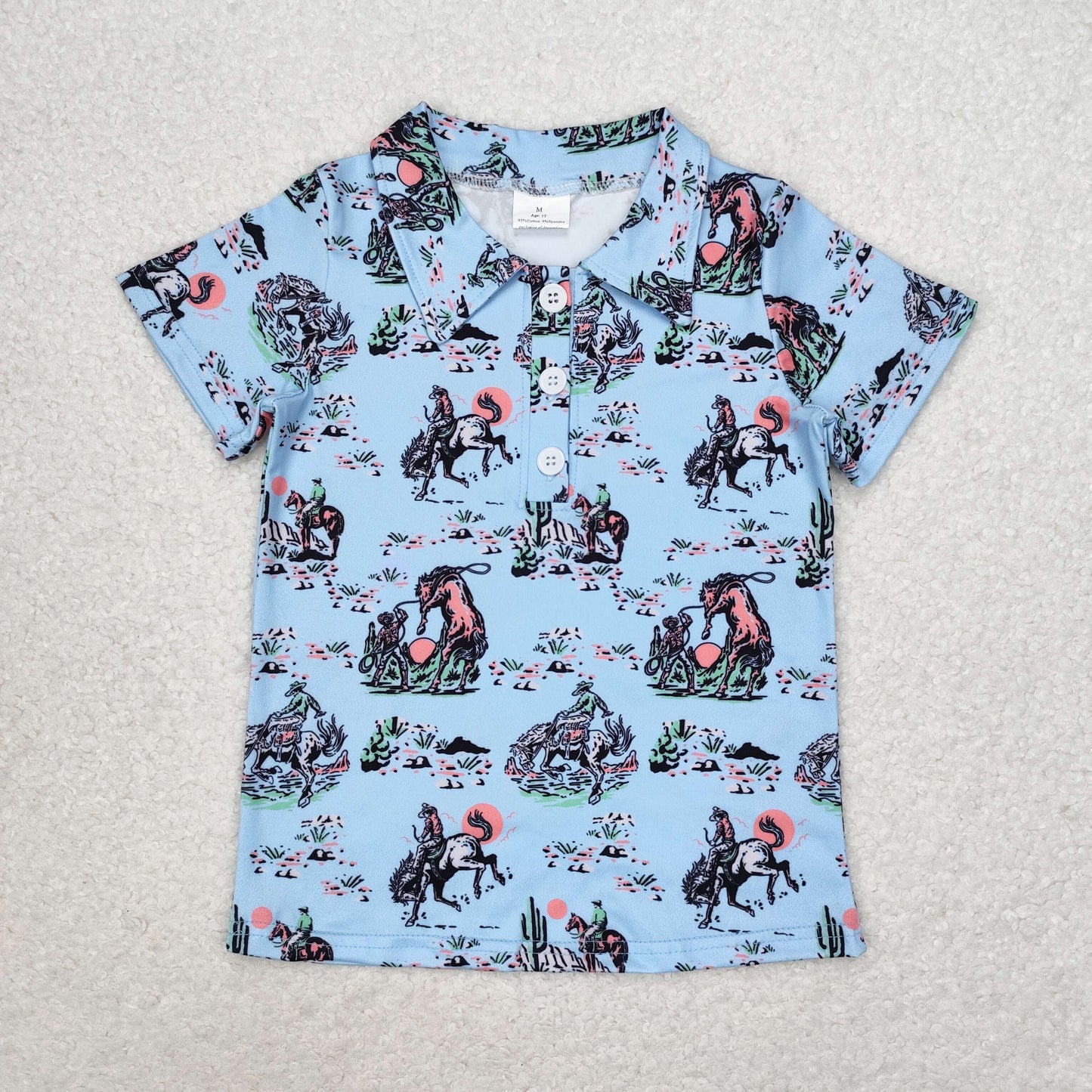 BT0661 Blue short sleeves cactus horse rodeo boys polo shirt