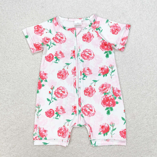 SR1768 Short sleeves pink floral baby girls zipper romper