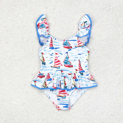 S0277 baby Girls Sailboat Bathing Suit 1pcs kids boutique wholesale clothing