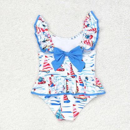 S0277 baby Girls Sailboat Bathing Suit 1pcs kids boutique wholesale clothing