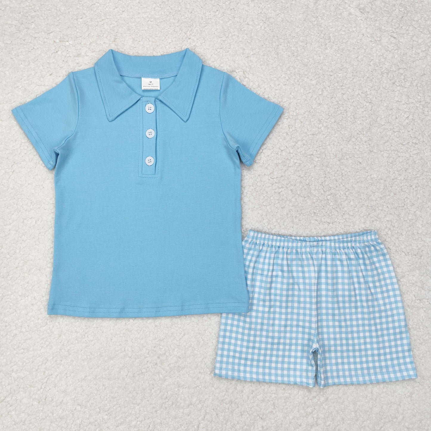 BSSO0954 Light blue polo shirt plaid shorts kids boys clothes