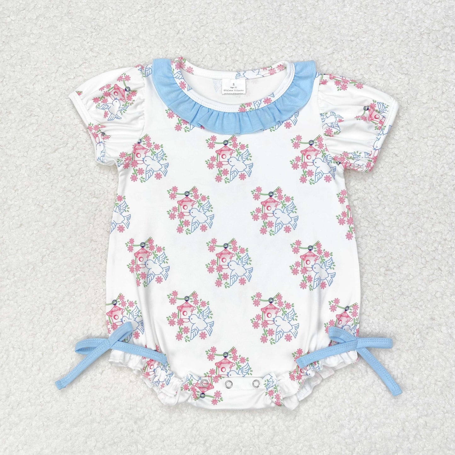 SR1627 Short sleeves bird floral baby girls romper