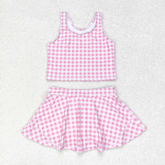 GSD0992 Girls pink plaid Bathing Suit 2pcs