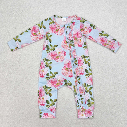 LR0880 Baby girls pink floral zipper romper