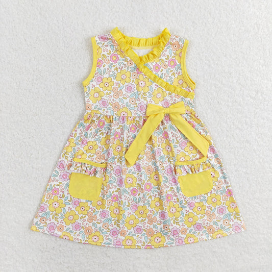 GSD1216 Yellow sleeveless floral pockets baby girls dresses