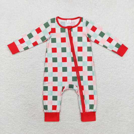 LR1197 Baby boys red green checked zipper romper