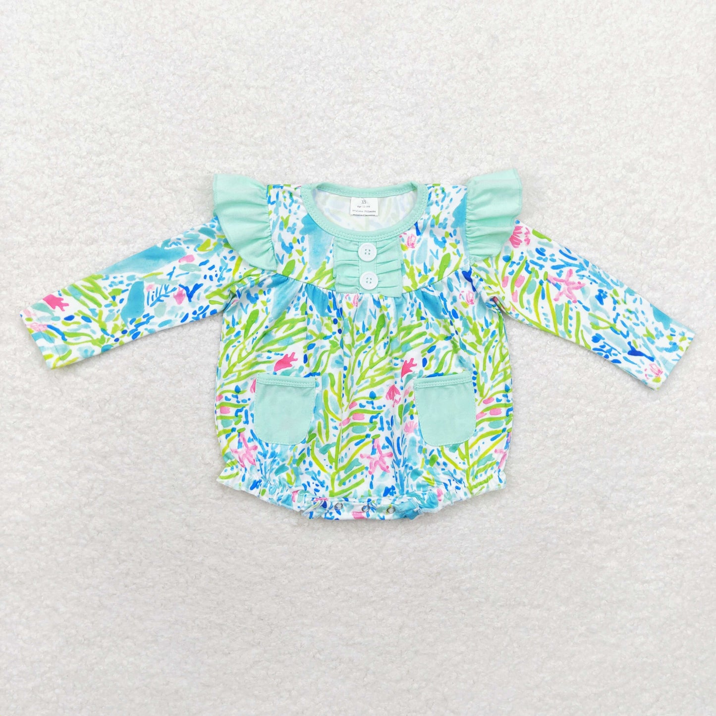 LR1353 Baby girls green floral romper