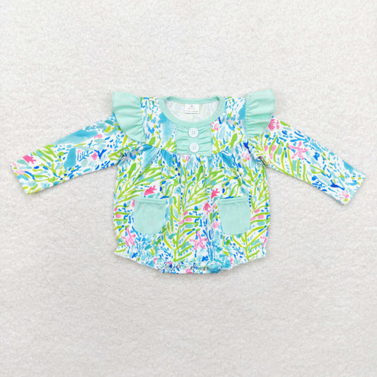 LR1353 Baby girls green floral romper