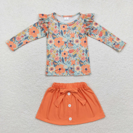 GLD0591 Girls floral outfits orange skirt kids boutique wholesale clothing