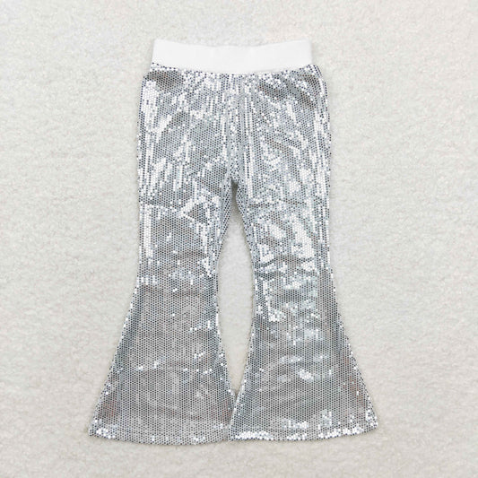 P0496 Girls white sequin bell bottom pants