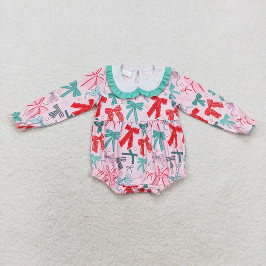 LR1413 baby girls long sleeves Christmas bow pink bubble