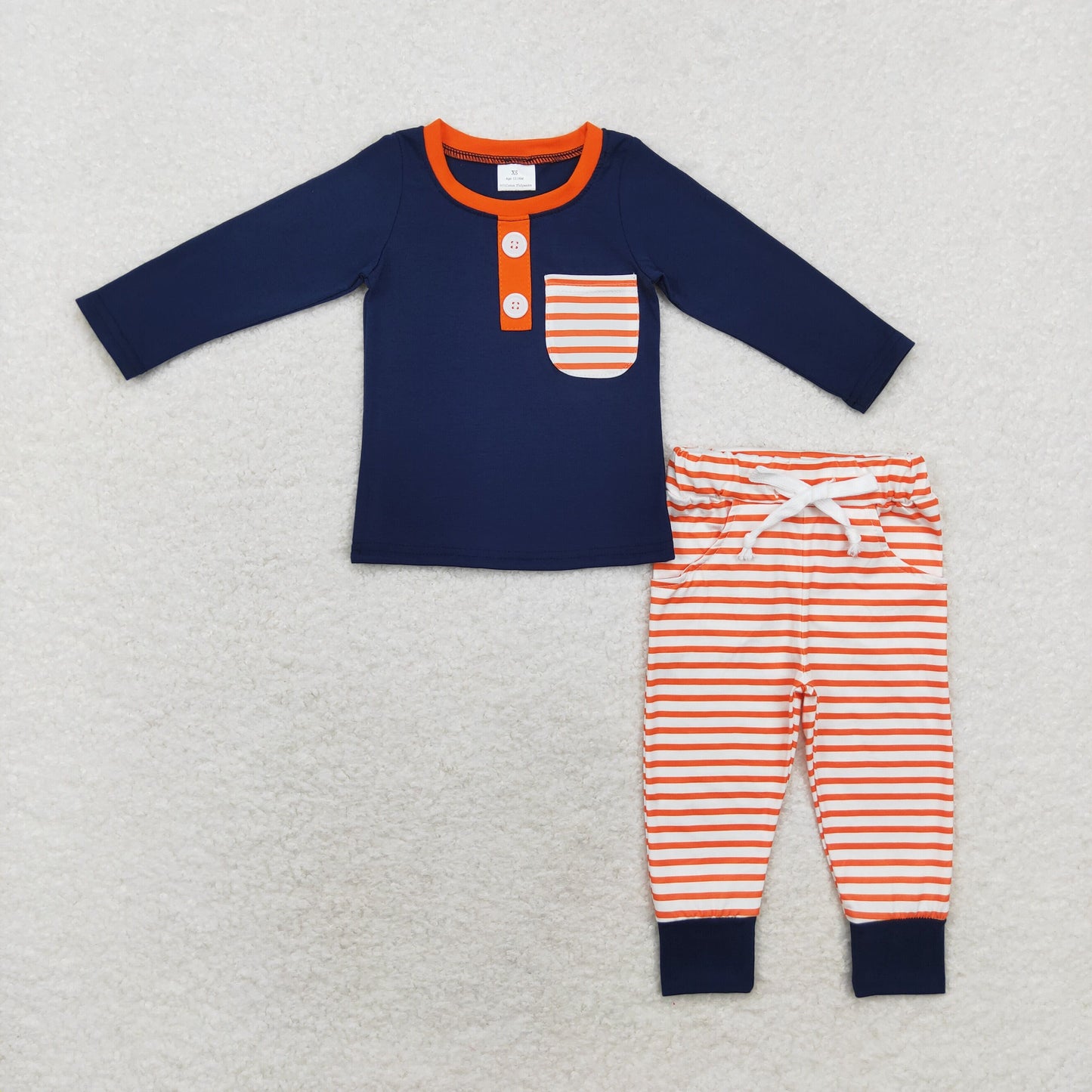 BLP0627 long sleeve navy orange striped Pockets boy pajamas