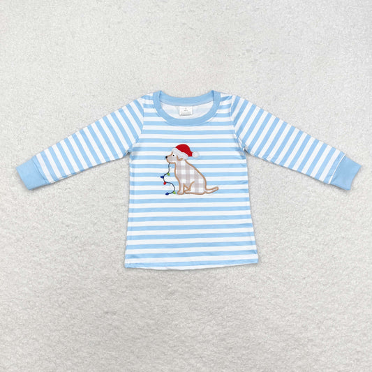 BT0791 Christmas long sleeve dog blue boy top embroidery