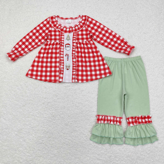 GLP1439 long sleeve Christmas Santa red plaid girls outfits embroidery